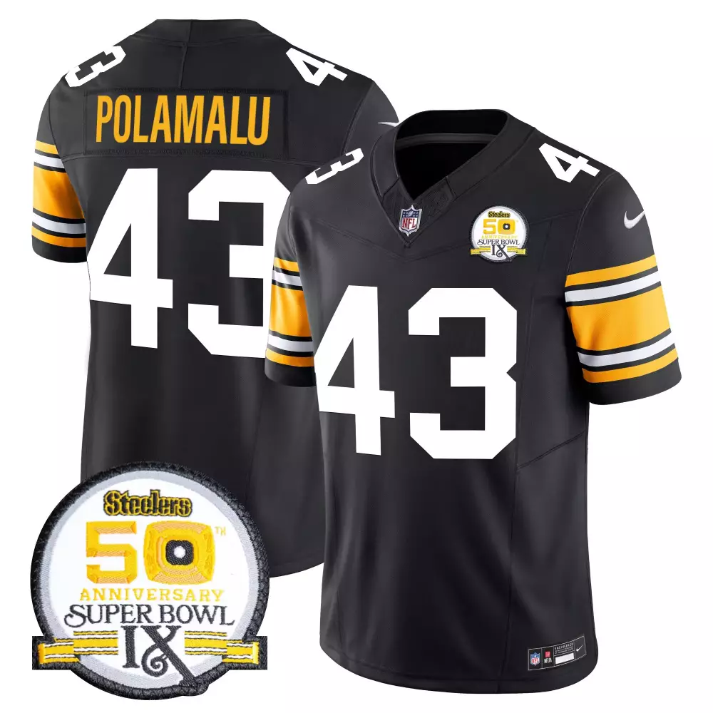 Troy Polamalu 43 Steelers Jersey Black Super Bowl Ix 50th Anniversary Men White Yellow