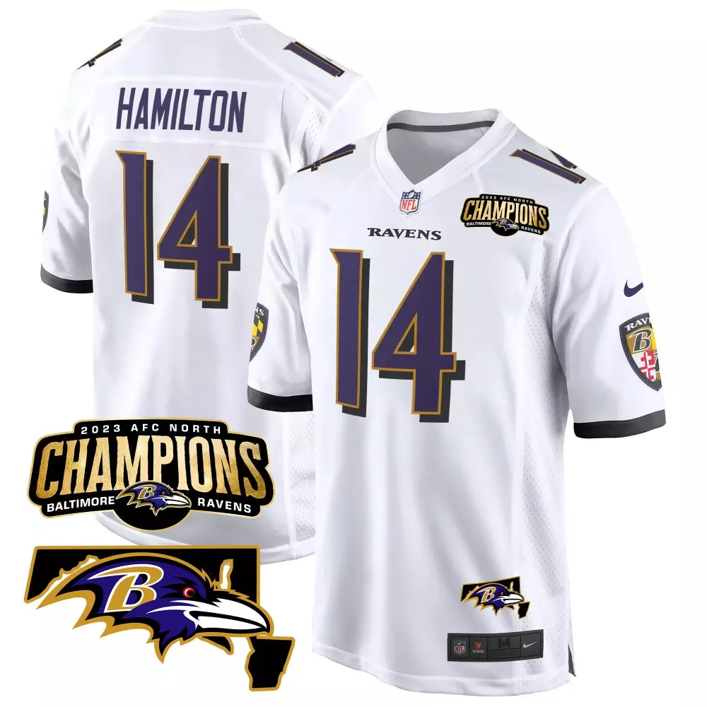 Kyle Hamilton 14 Baltimore Ravens Jersey White 2023 AFC North Champions Men Purple