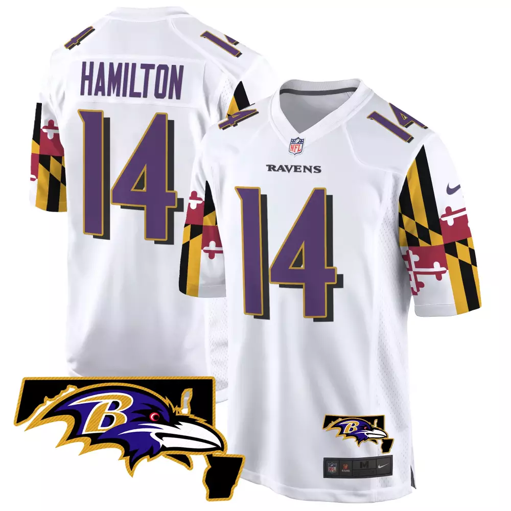 Kyle Hamilton 14 Ravens Jersey White Maryland Flag Men Player Alternate Split Design