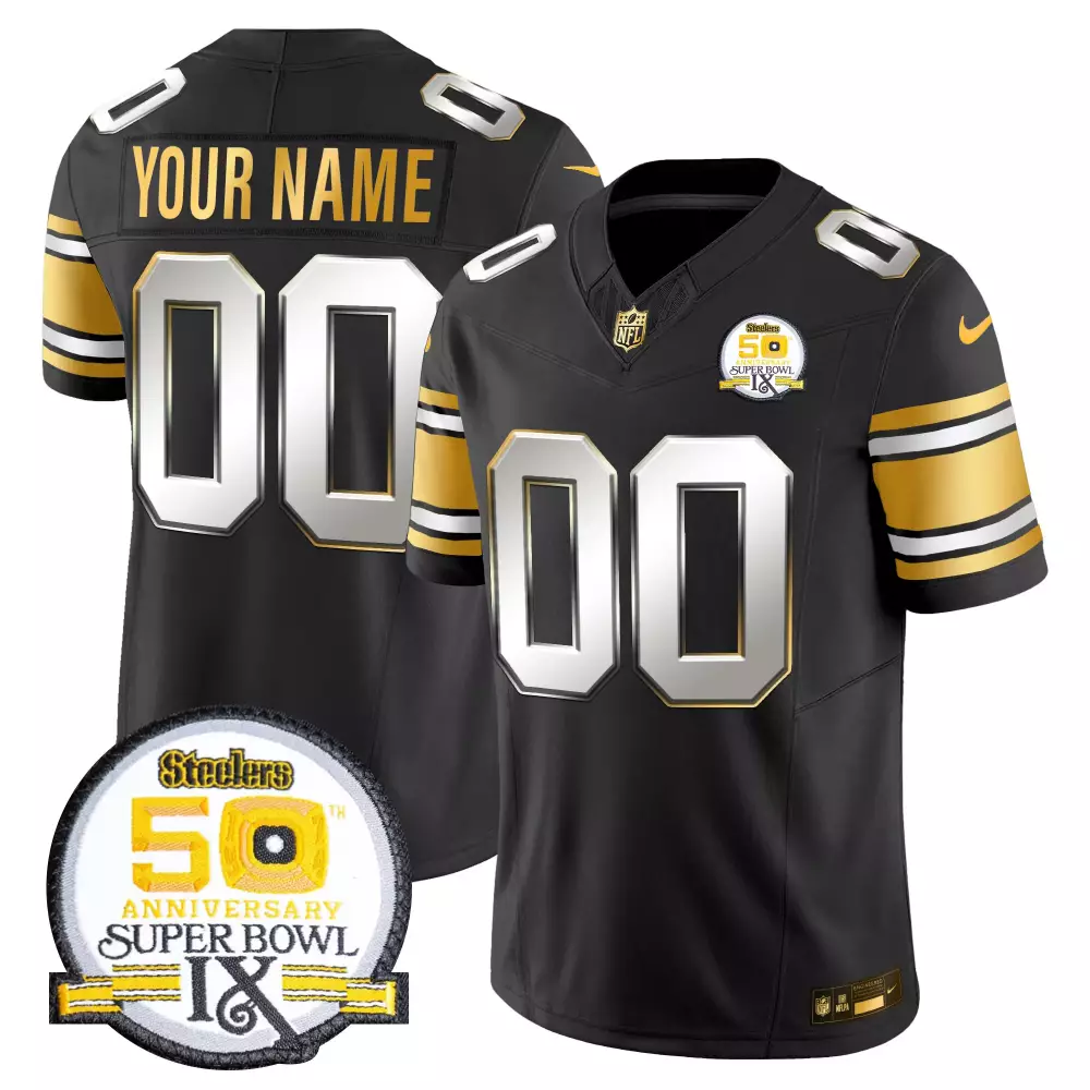 Custom Steelers Jersey Black Super Bowl Ix 50th Anniversary Men Gold White Limited