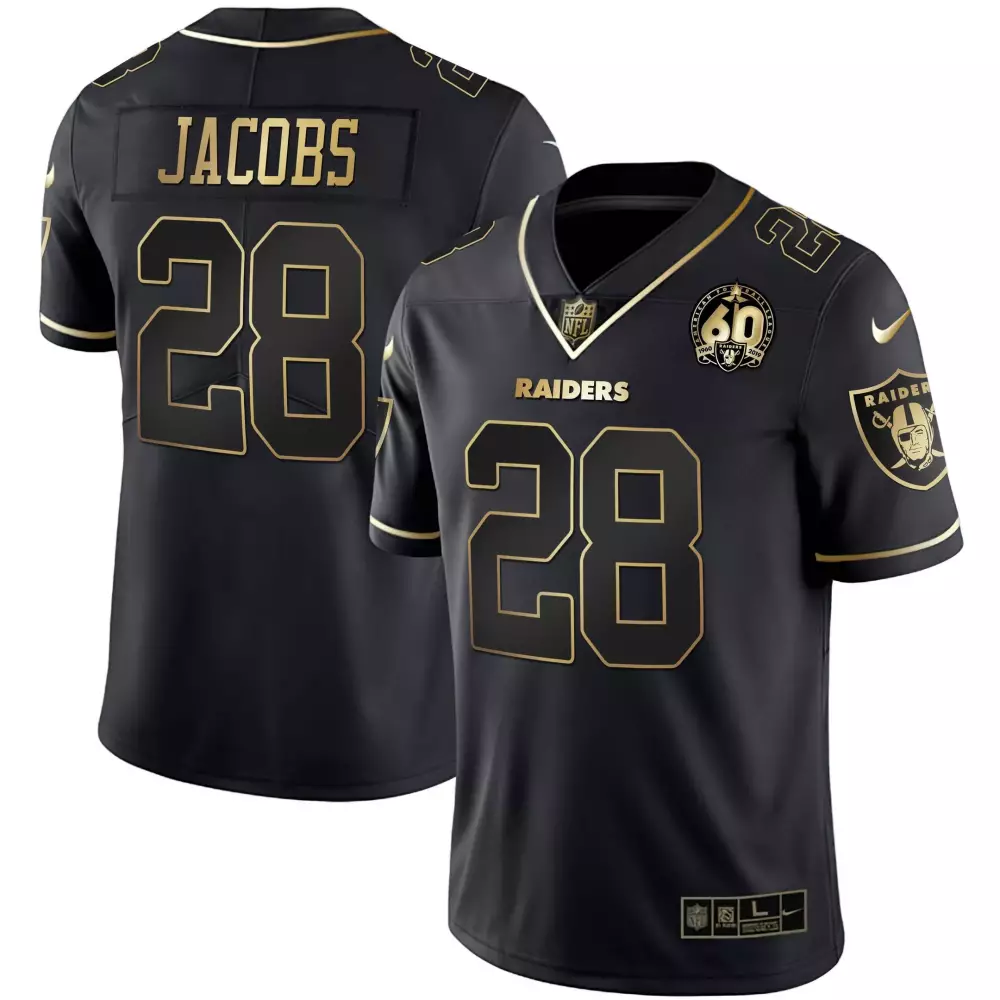 Josh Jacobs 28 Raiders Jersey Black 60th Anniversary 1960-2019 Men NFL Gold All Stitched