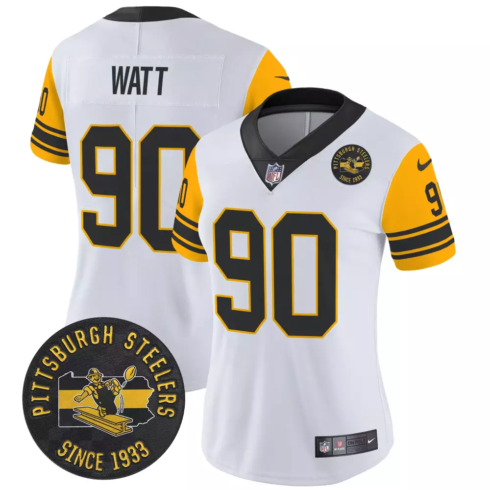 T.j. Watt 90 Pittsburgh Steelers Jersey White Since 1933 Men Black Yellow Throwback