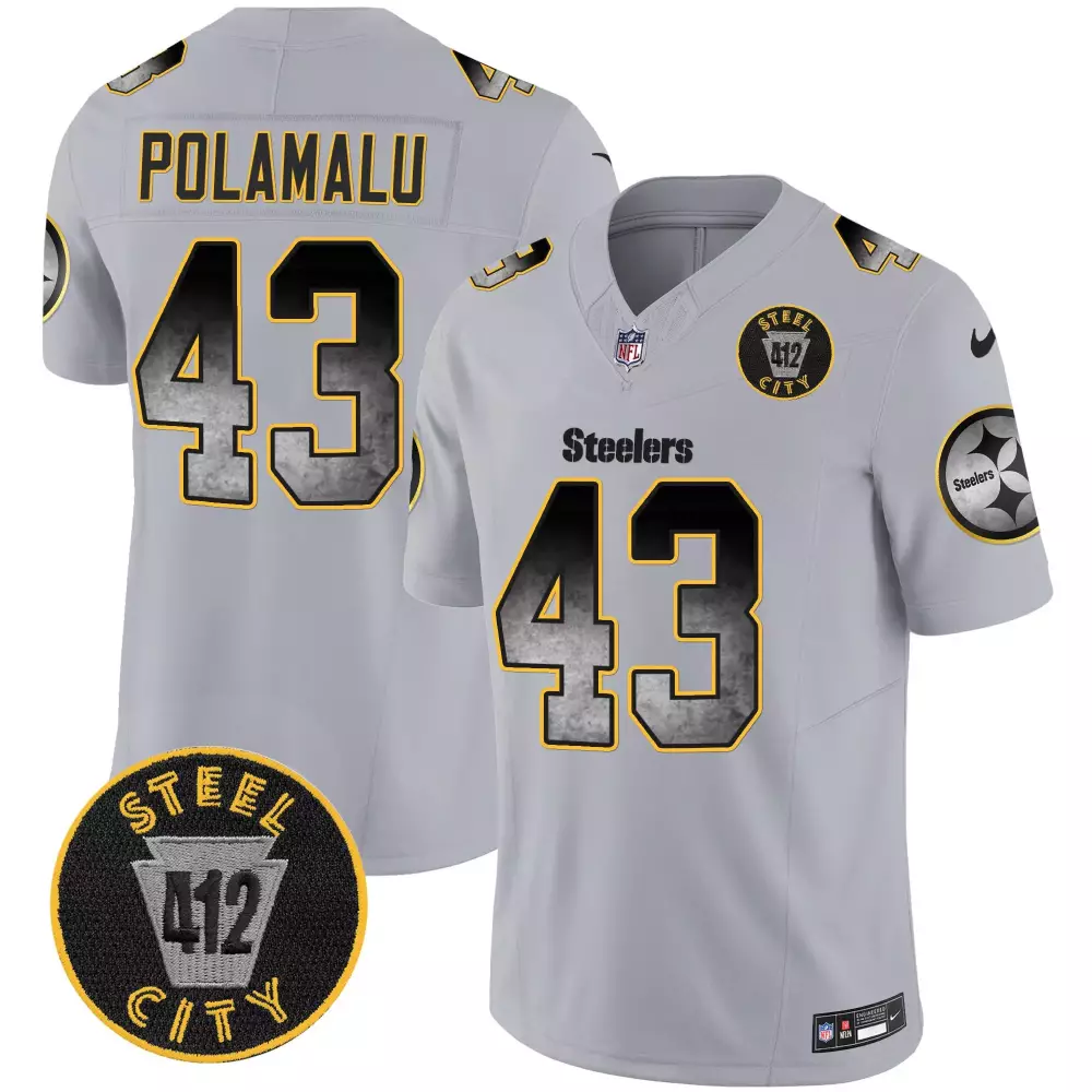 Troy Polamalu 43 Steelers Jersey Gray Steel 412 City Men Alternate Black Yellow Vapor