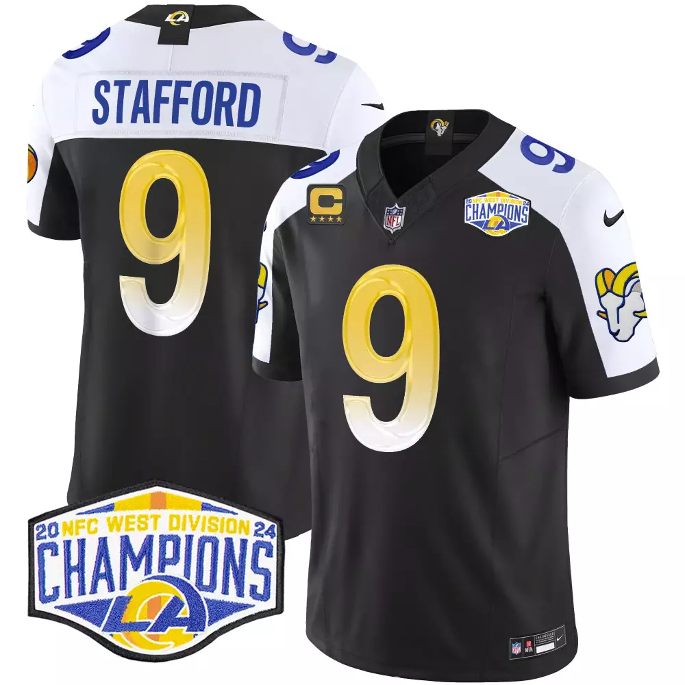 Matthew Stafford 9 Jersey Black Los Angeles Rams 2024 Men White Yellow Alternate