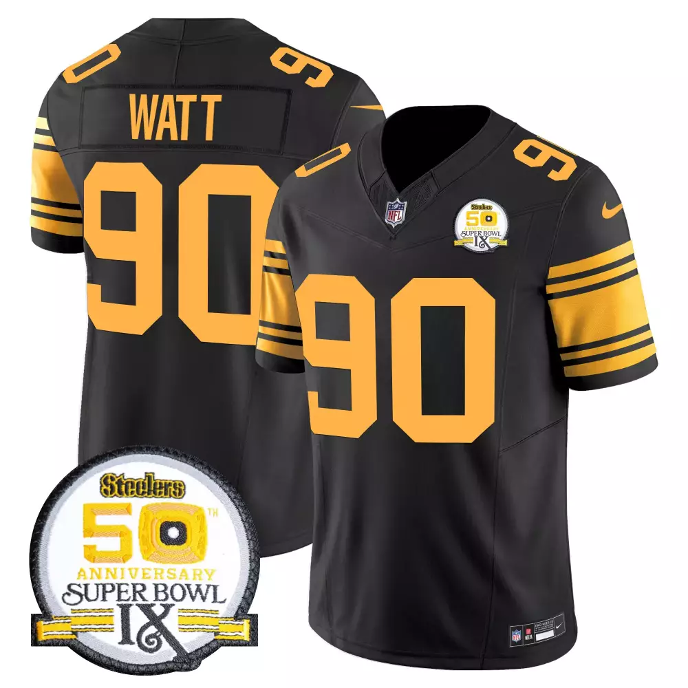 T.j. Watt 90 Steelers Jersey Black Super Bowl Ix Anniversary Men Yellow Rush Vapor