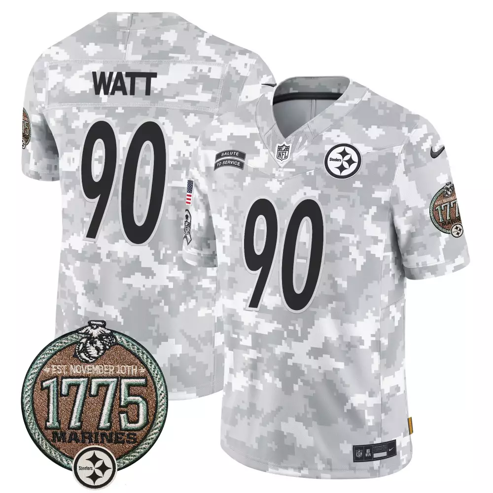 T.j. Watt 90 Steelers Jersey White Salute To Service Us Flag 1775 Marines Men Alternate