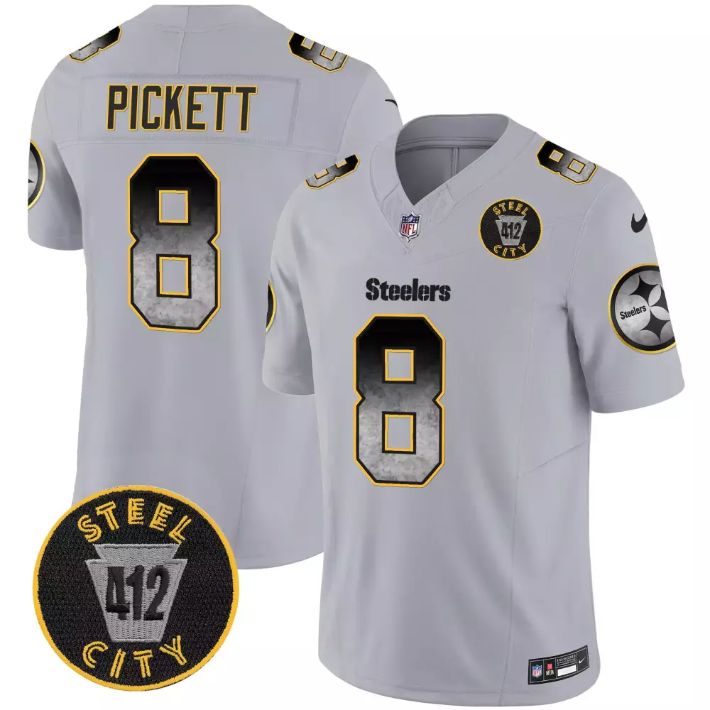Kenny Pickett 8 Steelers Jersey Gray Steel 412 City Men NFL Alternate Black Yellow