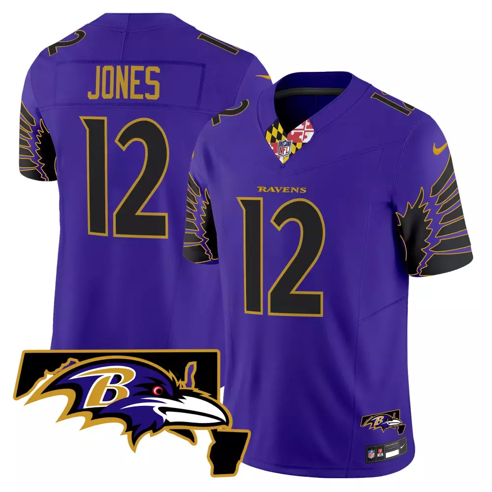 Jones 12 Ravens Jersey Purple Men Black Gold Limited Vapor v2 All Stitched