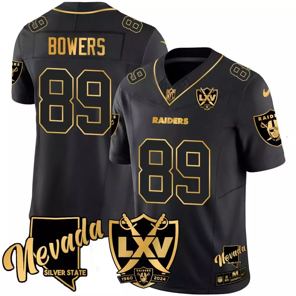 Brock Bowers 89 Raiders Jersey Black Las Vegas Lxv 1960 2024 Men Gold Vapor Limited