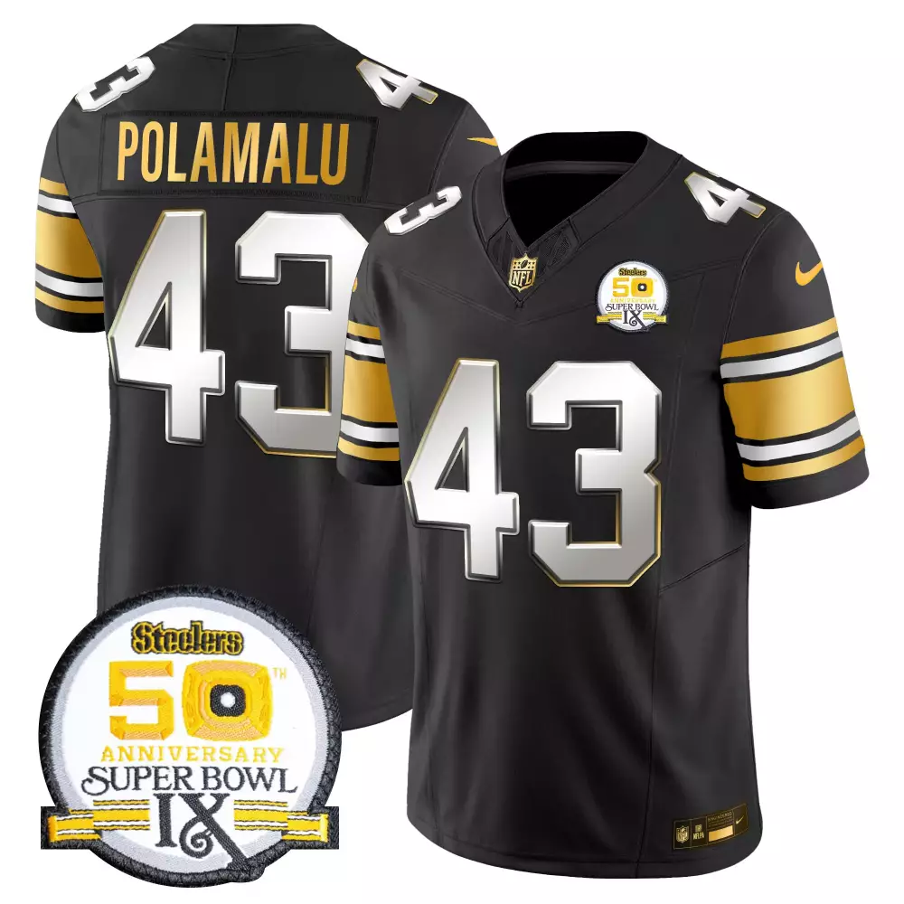 Troy Polamalu 43 Steelers Jersey Black Super Bowl Ix 50th Anniversary Men Gold White