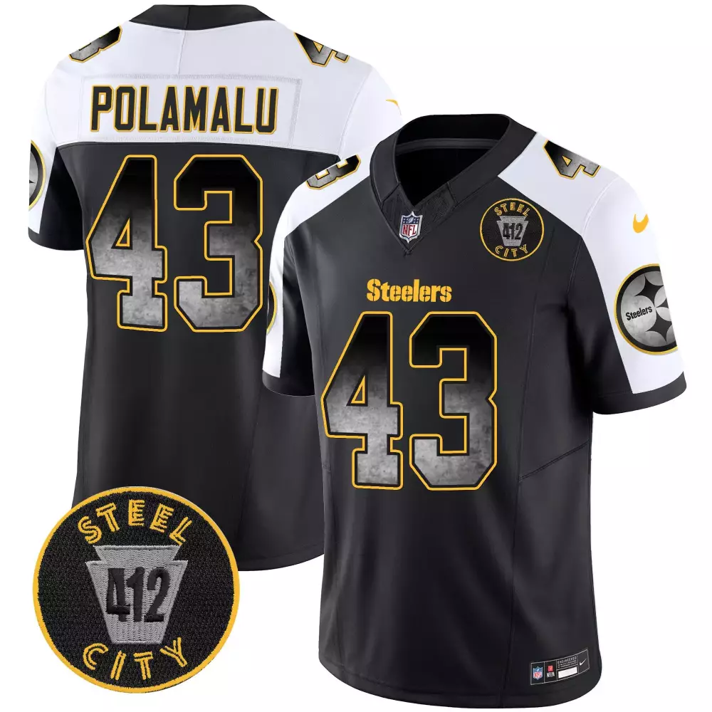 Troy Polamalu 43 Steelers Jersey Black Steel City 412 Men Alternate White Yellow