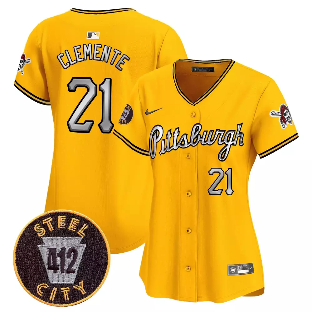 Roberto Clemente 21 Jersey Yellow Pittsburgh Pirates Steel City 412 Men Black White
