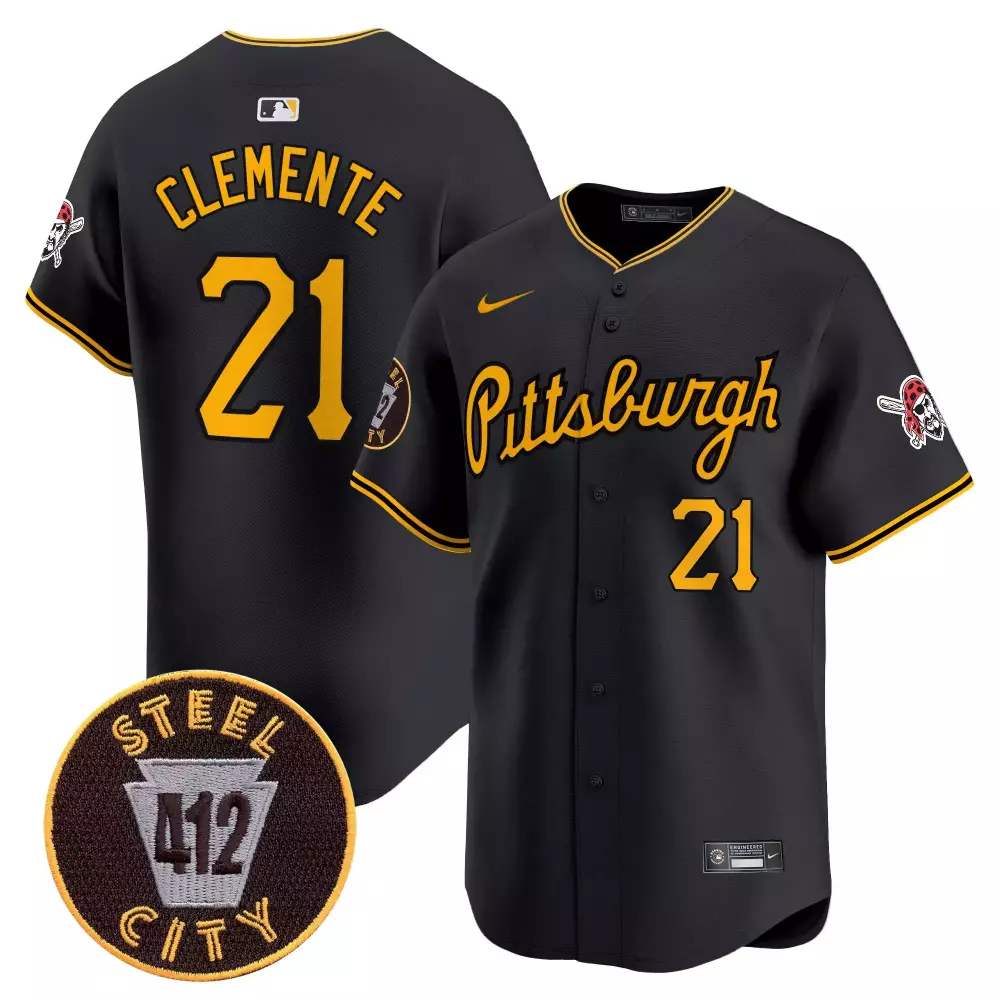 Roberto Clemente 21 Jersey Black City Connect Pittsburgh Pirates Steel 412 Jolly Roger