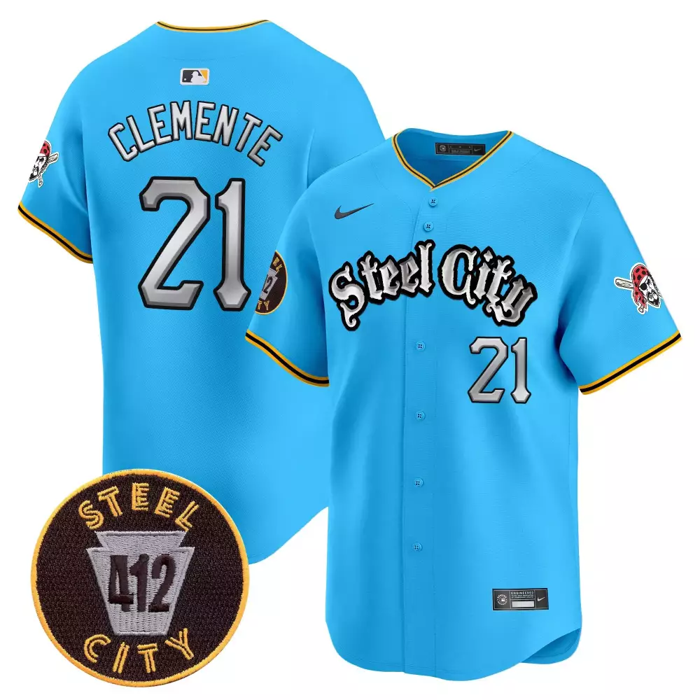 Roberto Clemente 21 Steel City Jersey Blue 412 Men Yellow Black White Silver Vapor