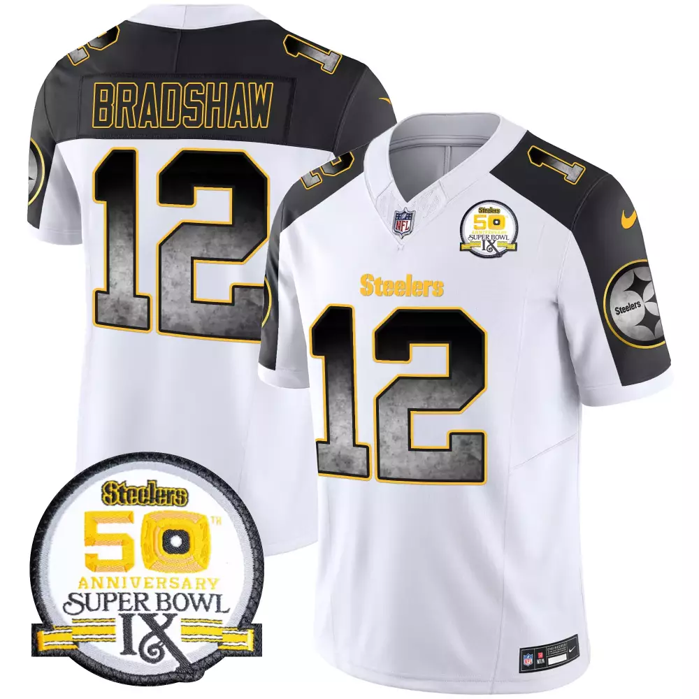 Terry Bradshaw 12 Steelers Jersey White Men Player Alternate Black Gold Anniversary