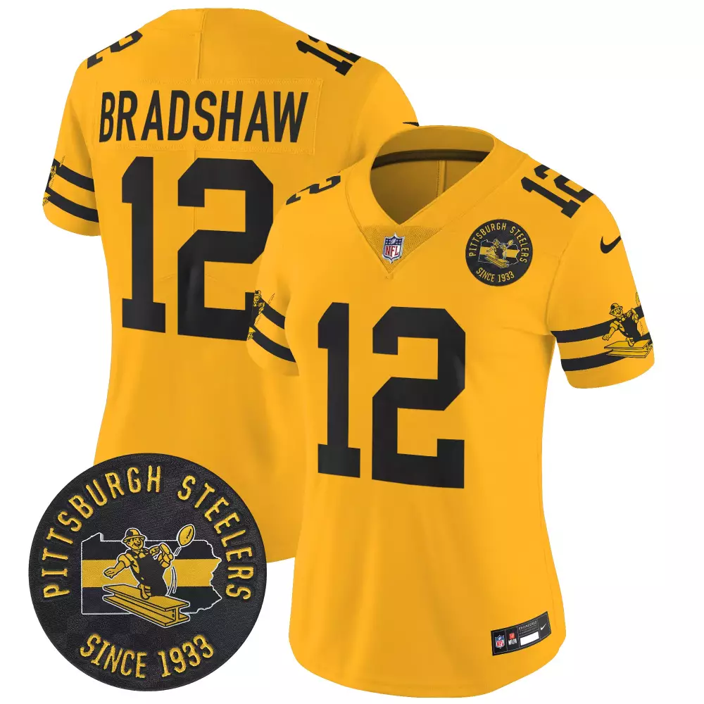 Terry Bradshaw 12 Jersey Yellow Pittsburgh Steelers Since 1933 Men Jerseys Black