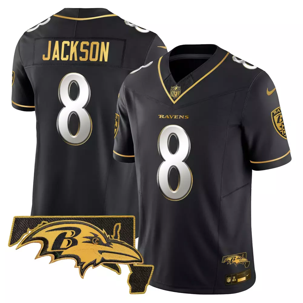 Lamar Jackson 8 Ravens Jersey Black Men Gold White Limited Vapor All Stitched