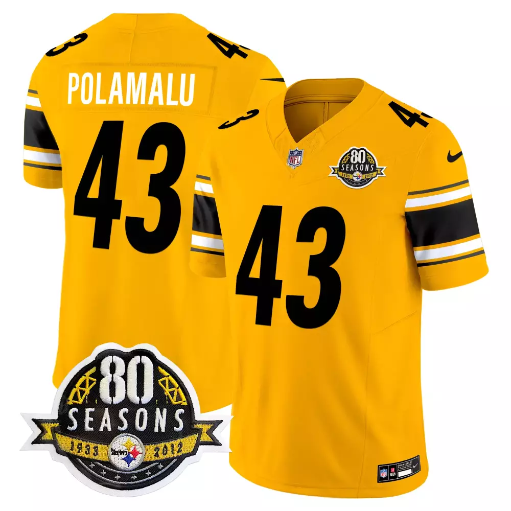 Troy Polamalu 43 Steelers Jersey Gold 80 Seasons 1933-2012 Men Black White Anniversary