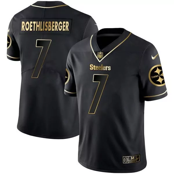 Ben Roethlisberger 7 Steelers Jersey Black Men Replica Gold All Stitched