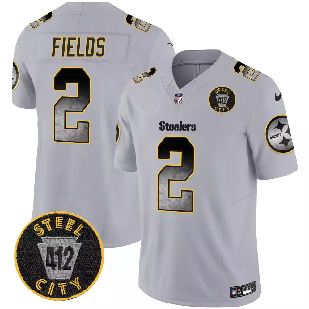Justin Fields 2 Steelers Jersey Gray Steel City 412 Men Player Alternate Black Yellow