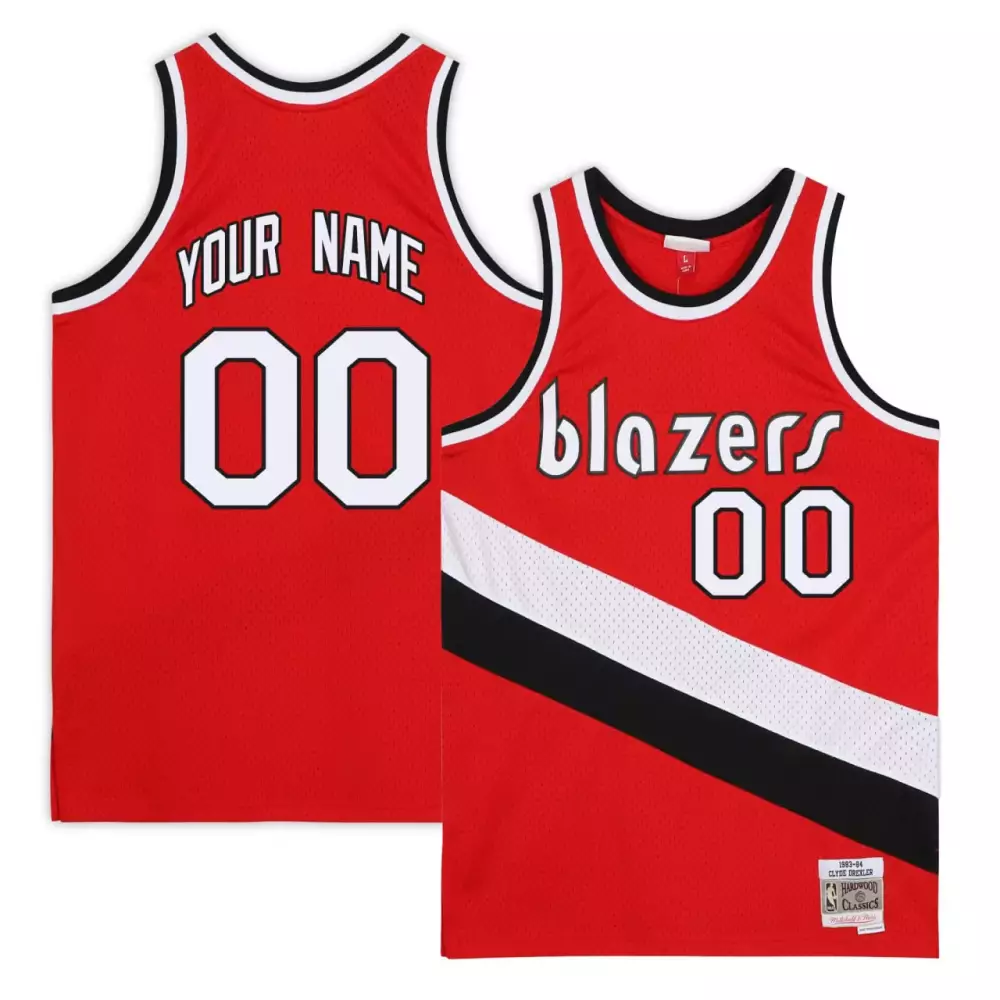 Custom Blazers Jersey Red Mitchell Ness Hardwood Classics White Black All Stitched