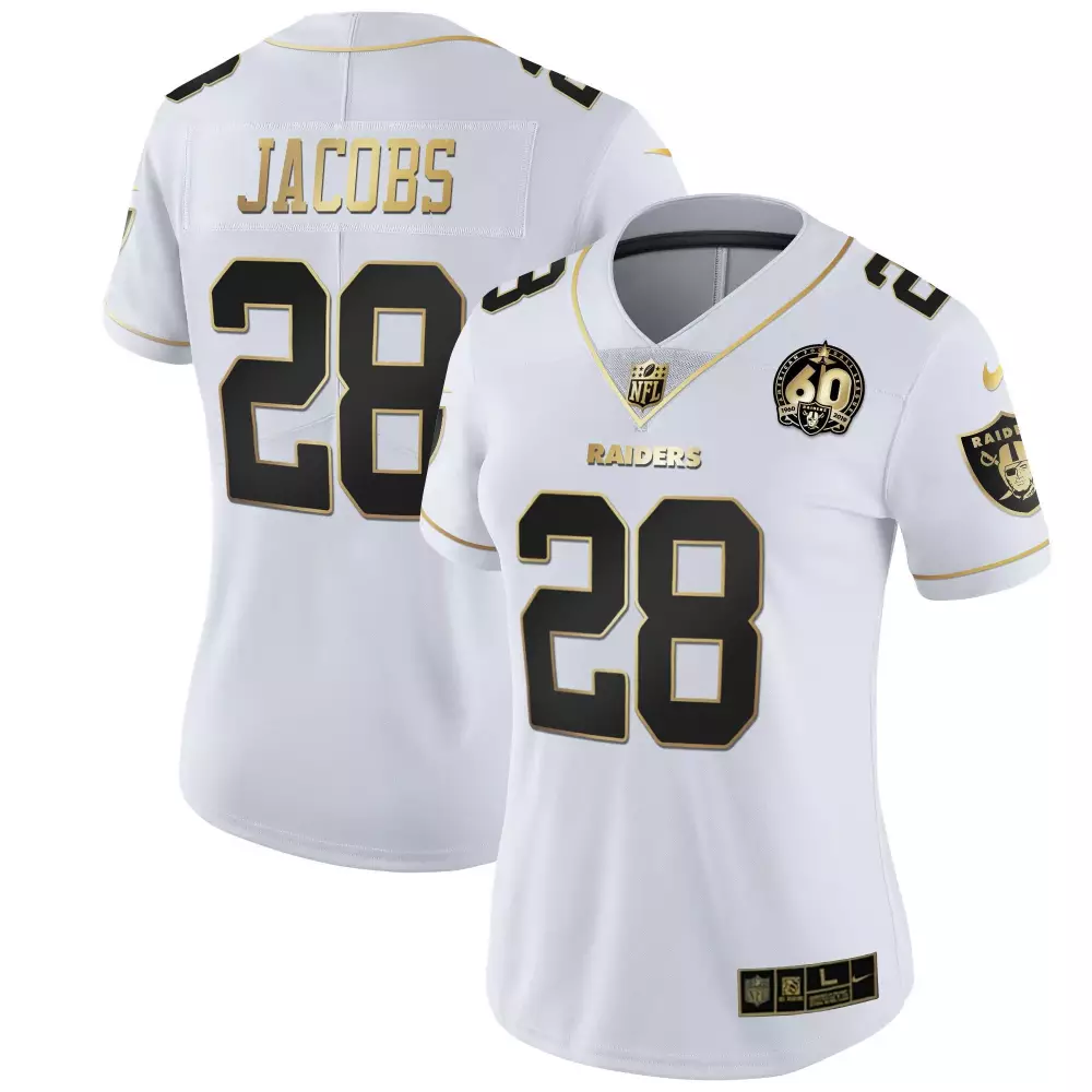 Josh Jacobs 28 Raiders Jersey White 60th Anniversary Women Black Gold All Stitched