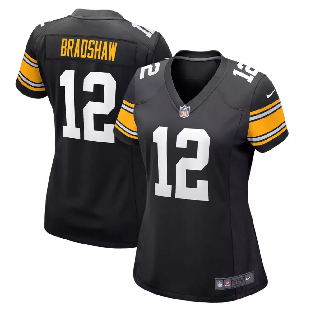 Terry Bradshaw 12 Steelers Jersey Black Women Replica White Yellow Retired