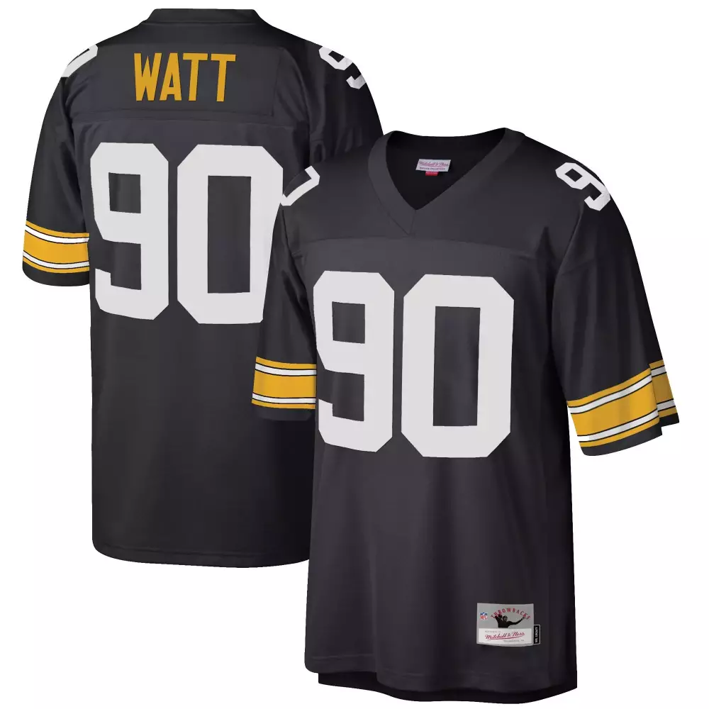 T.j. Watt 90 Pittsburgh Steelers Jersey Black Throwback Mitchell Ness Men White Gold