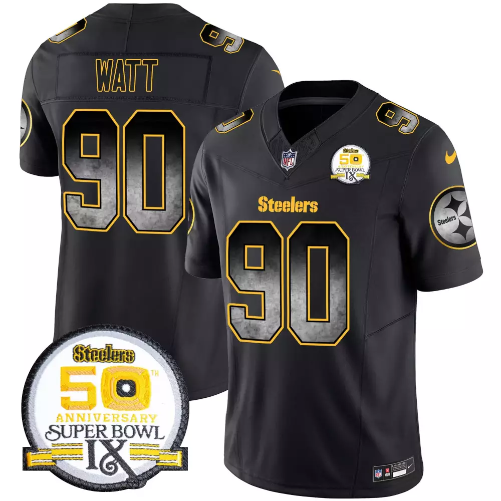 T.j. Watt 90 Steelers Jersey Black Super Bowl Ix 50th Anniversary Men Gold Grey Vapor