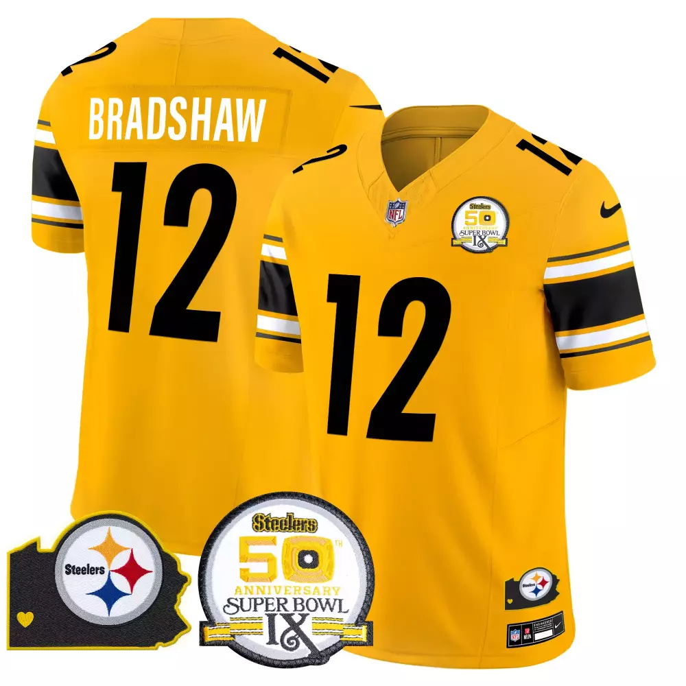 Terry Bradshaw 12 Steelers Jersey Yellow 50th Anniversary Super Bowl Ix Men Black