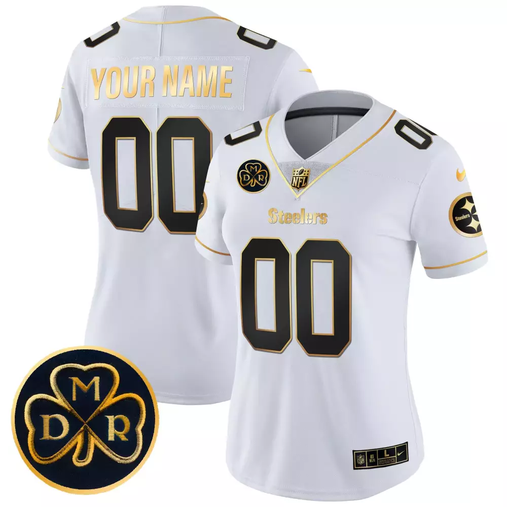 Custom Steelers Jersey White Dmr Clover Women Black Gold Vapor Limited All Stitched