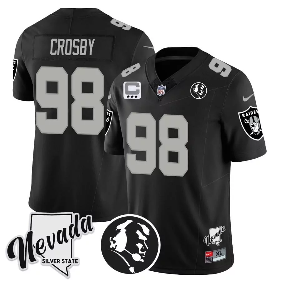 Maxx Crosby 98 Las Vegas Raiders Jersey Black Nevada (captain's Patch) Men Player
