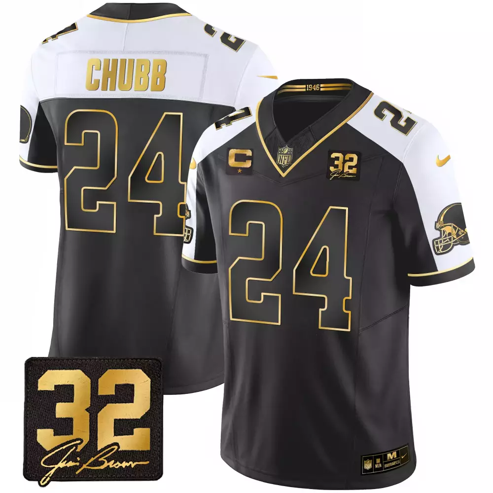 Nick Chubb 24 Cleveland Browns Jersey Black Jim Brown Legacy Men Split Design White