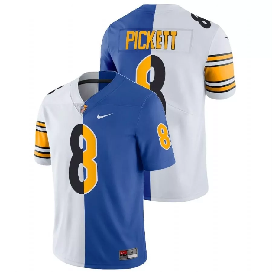 Kenny Pickett 8 Jersey Blue Pittsburgh Steelers Men Split Design White Yellow Black
