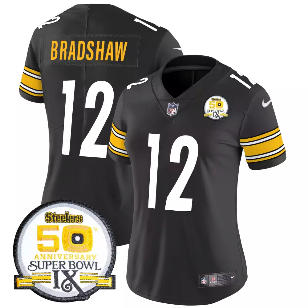Terry Bradshaw 12 Steelers Jersey Black Super Bowl 50 Men Replica Gold White Anniversary