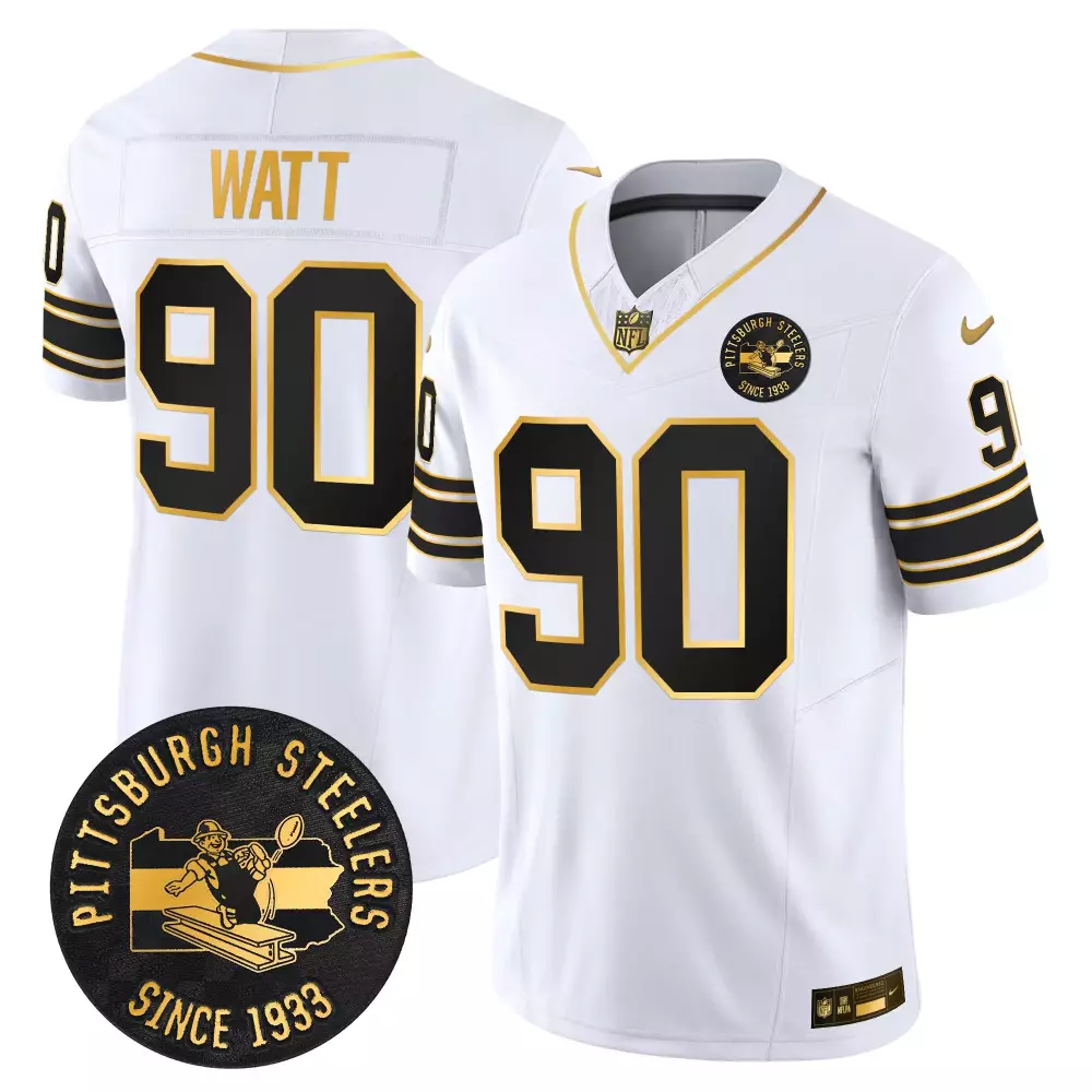 T.j. Watt 90 Pittsburgh Steelers Jersey White Throwback Since 1933 Men Black Gold