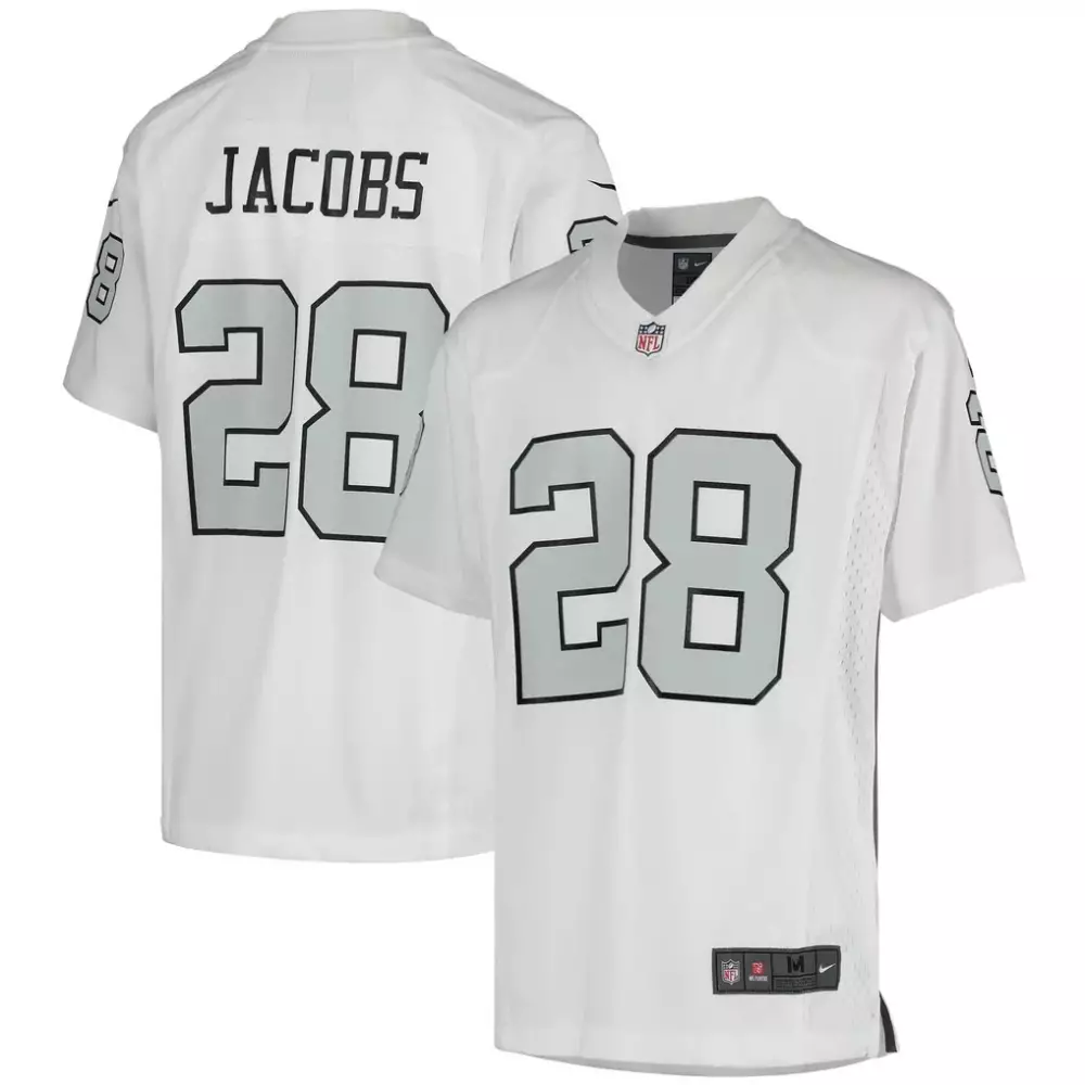 Josh Jacobs 28 Raiders Jersey White Men Authentic Silver Black Rush Game