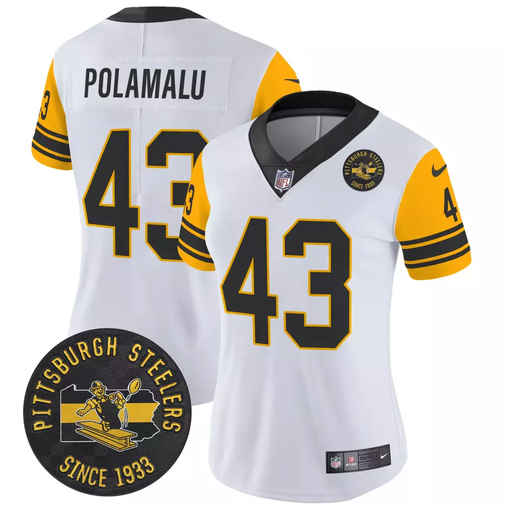Troy Polamalu 43 Jersey White Pittsburgh Steelers Since 1933 Men NFL Black Gold Throwback