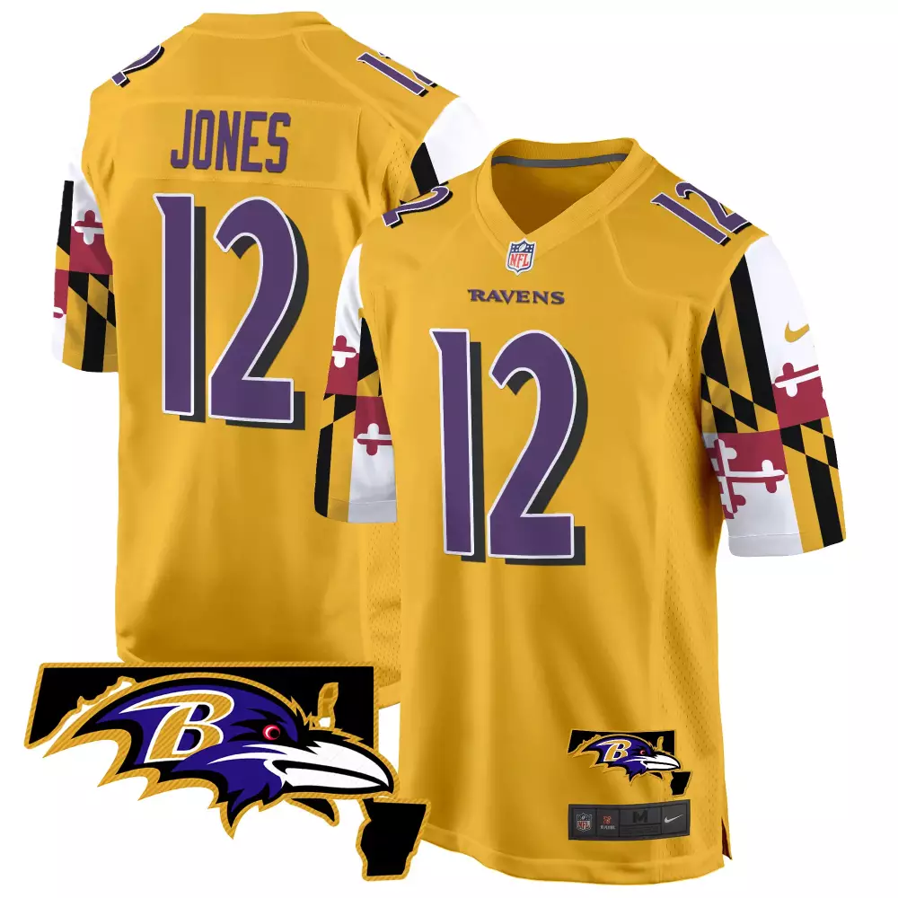 Jacoby Jones 12 Ravens Jersey Gold Men Replica Split Design Purple White Black Game
