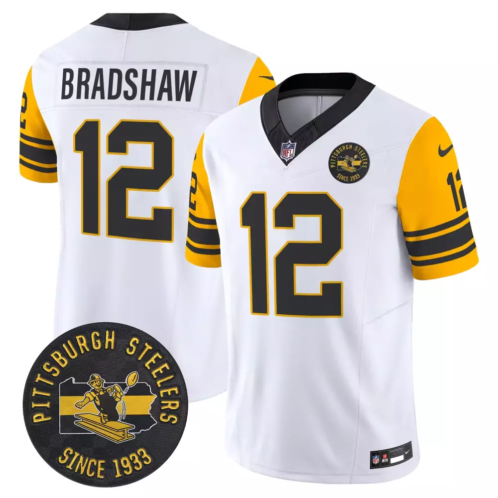 Terry Bradshaw 12 Jersey White Pittsburgh Steelers Since 1933 Men Black Gold Throwback