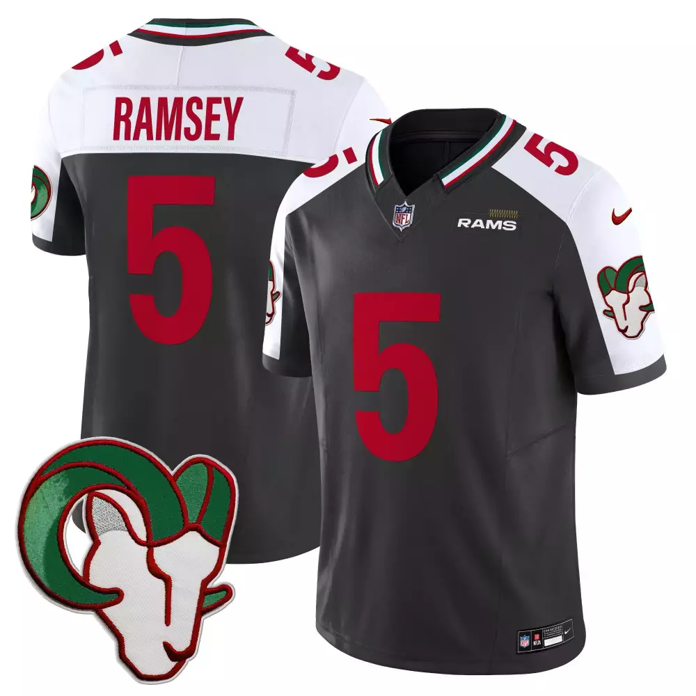 Jalen Ramsey 5 Rams Jersey Gray Ram Head Men NFL Alternate Split Design White Red
