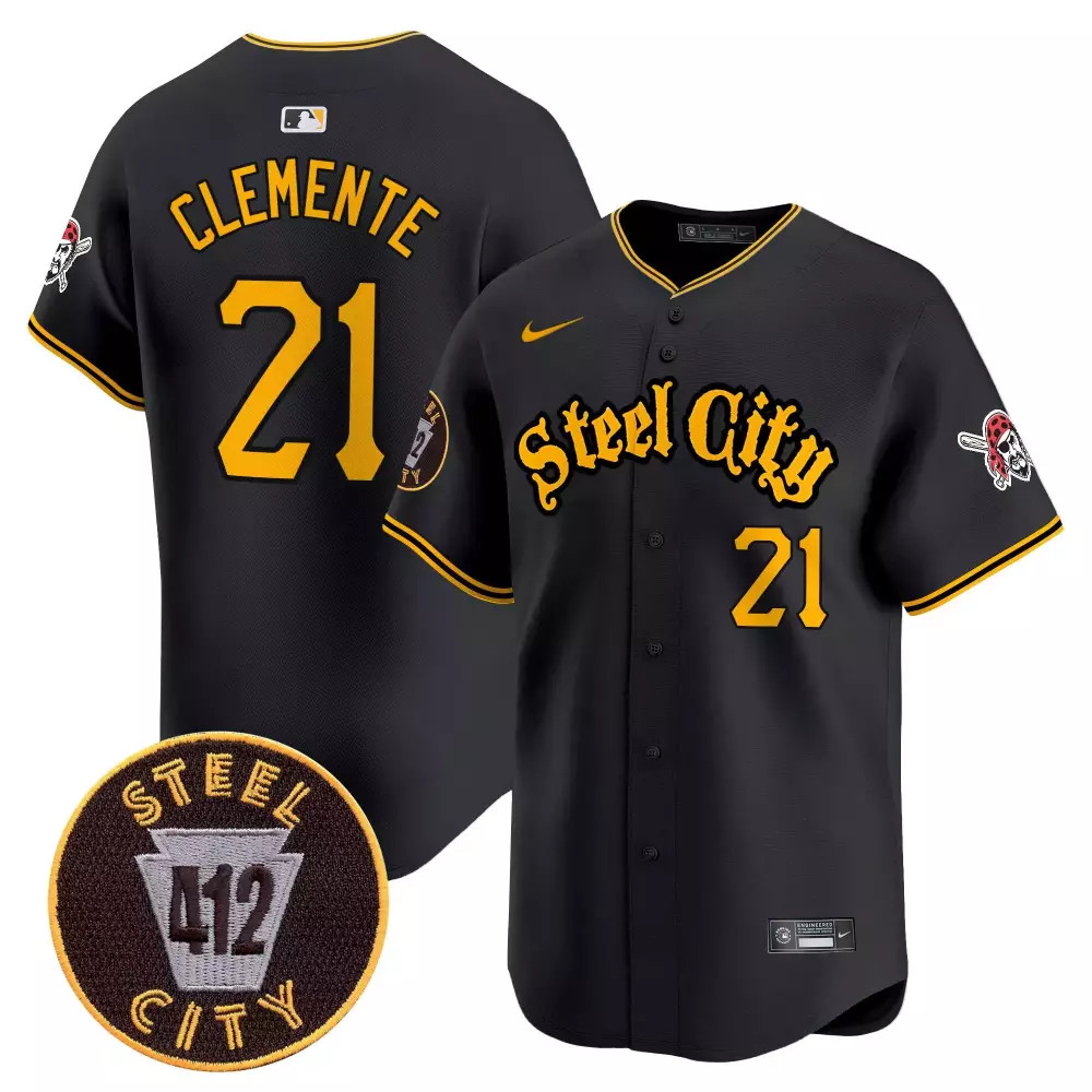 Roberto Clemente 21 Steel City Jersey Black 412 Pirates Yellow Vapor Premier Limited