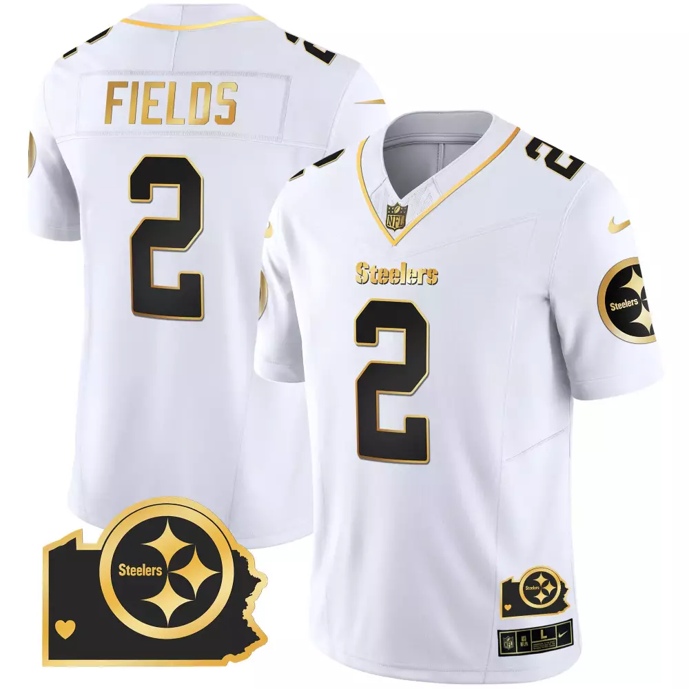 Justin Fields 2 Steelers Jersey White Pennsylvania Map Men Alternate Black Gold Home