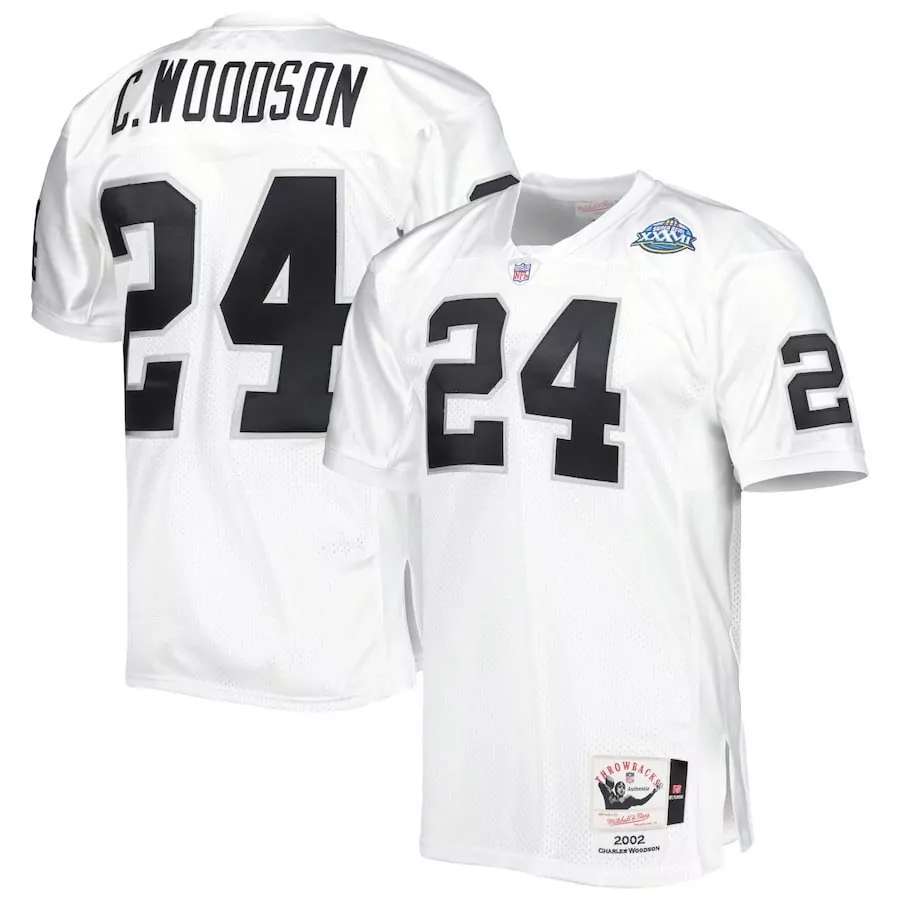 Charles Woodson 24 Jersey White Throwback Las Vegas Raiders Super Bowl Xxxvii 2002