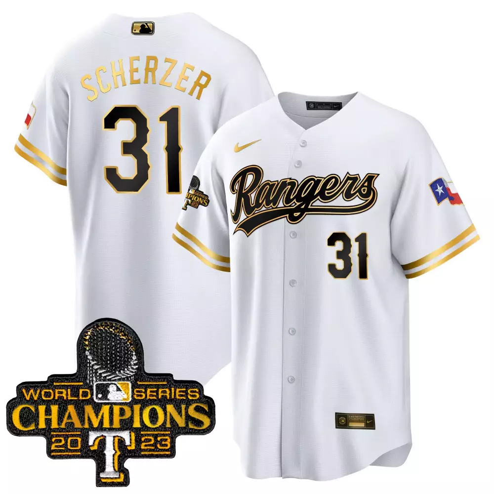 Max Scherzer 31 Rangers Jersey White World Series Champions 2023 Men Gold Black All
