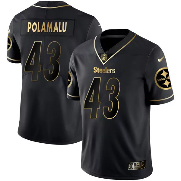 Troy Polamalu 43 Steelers Jersey Black Men Gold All Stitched