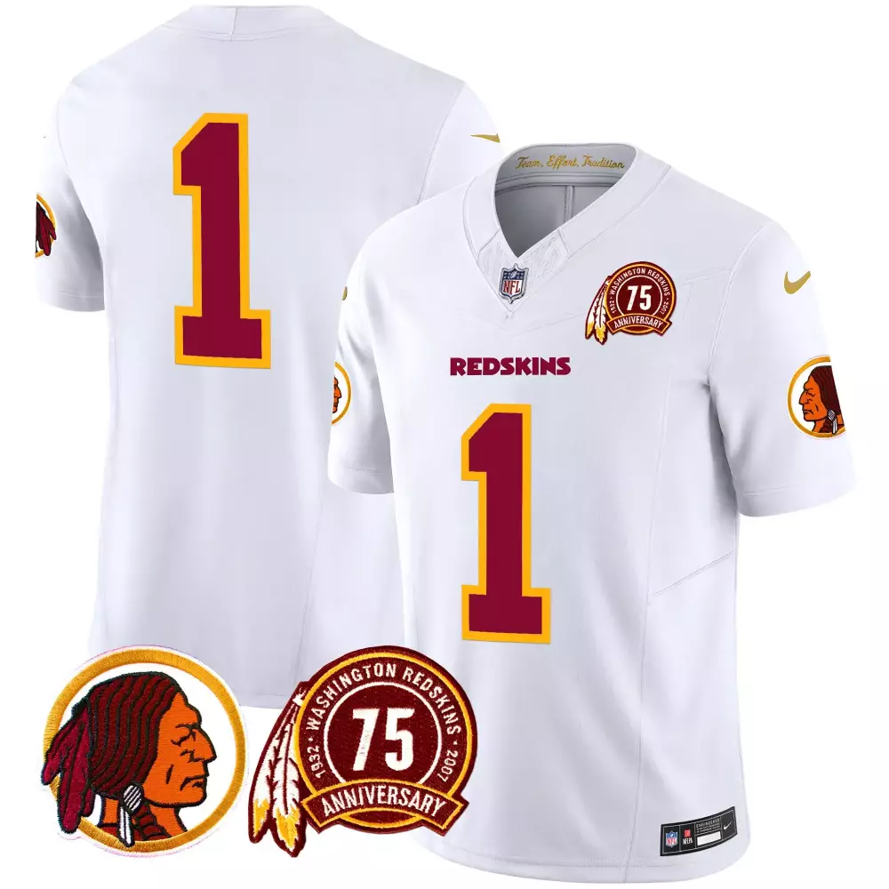 Custom Washington Redskins 1 Jersey White 75th Anniversary Maroon Gold Throwback