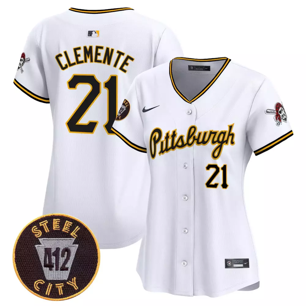 Roberto Clemente 21 Jersey White City Connect Pittsburgh Pirates Steel 412 Women