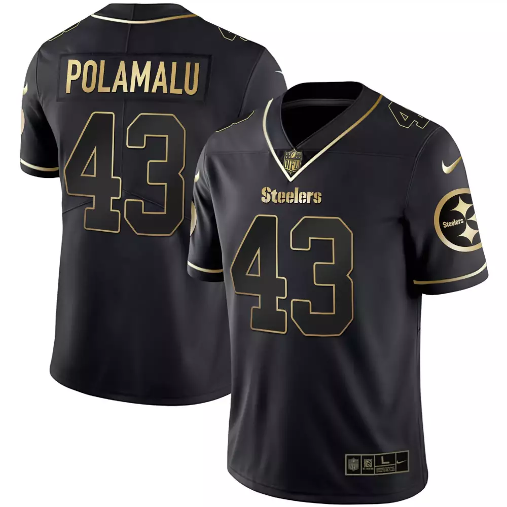 Troy Polamalu 43 Steelers Jersey Black Men Gold All Stitched