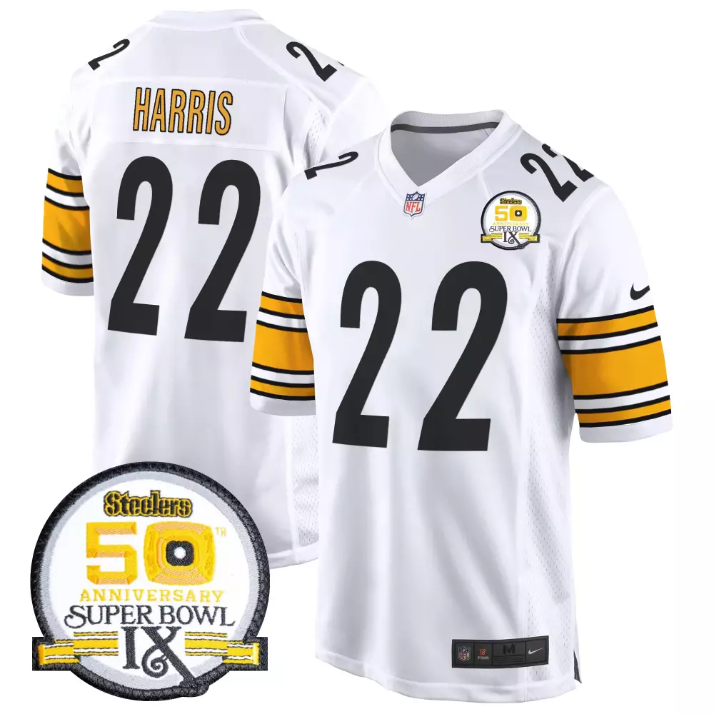 Najee Harris 22 Steelers Jersey White Super Bowl 50 Men Replica Black Yellow Anniversary